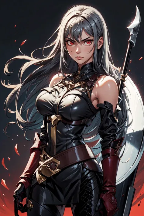 thick outlines, comics, photorealistic, 1girl, solo, polearm, shield, <lora:selvaria-nvwls-v1-final:0.7>, selvaria, black shirt, red eyes, bare shoulders, detached sleeves, belt, black pants, black gloves, detailed background, detailed face, detailed eyes, <lora:add_detail:0.7>