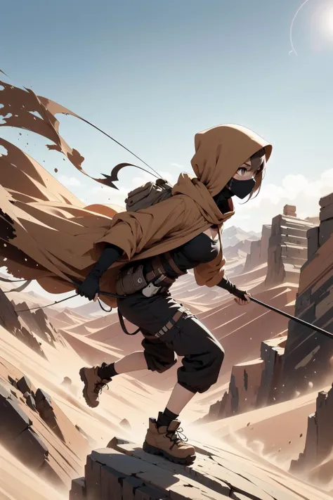(((masterpiece))), (((best quality))), (((jumping in valley))), ((sandwormriding)), (((hood up))), ((dual wielding trekking poles with climbing hooks)), ((cliff)), ((outstretched arms)),((planet in sky)), (mouth mask), (fingerless gloves), (torn cloak), (torn desert suit), (belt pouch), (bare thighs), (fluttering hair), dustwind, sandstorm, steep sandhills, solo, 1girl, ((cleavage)), ((big tits)), hairclip, ribbon, sweat, petite figure, <lora:girllikesandwormriding:1>