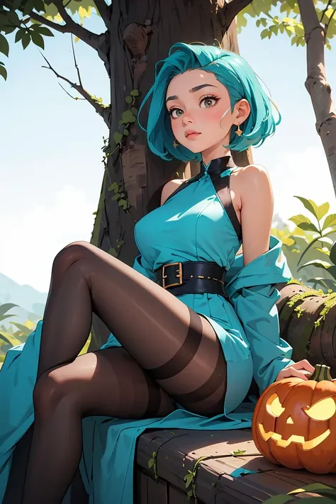 (masterpiece, best quality), 1girl, Pumpkin orange Slicked-Back Undercut with Fade, Size H breasts, Turquoise blue Mesh top and Wide-leg jumpsuit with a belted waist, thighband pantyhose, Resting against a tree trunk, legs stretched out, showing a tranquil moment.