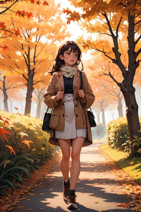 (masterpiece, best quality), 1girl, Cozy Autumn themed Walk, nature walk, Autumn day, flora, beautiful lighting, Autumn colors, Autumn elements, <lora:add_detail:0.8>