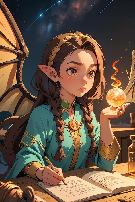 (masterpiece, best quality), female dragon (in humanoid form),    immense power, wisdom, and connection to fire, draconic features,scales, wings, wise, ancient being, knowledge , fantasy
, adolescence, lean, middle easterner, brown eyes, normal ears, button nose,   uneven cheeks, symmetrical forehead,  well-defined achilles tendons,   , light brown
 box braids hair, annoyance
, pouring over ancient manuscripts, uncovering lost knowledge, 
 shaman, healing waters , engaging in alchemical experiments, transforming elements with magic, otherworldly glow
, otherworldly glow, a colony on a habitable exoplanet, with settlers building a new society among the stars