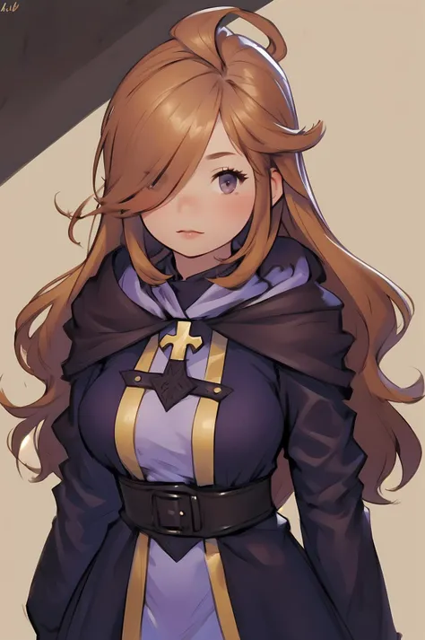 score_9, score_8, score_7, solo, 1girl, wiz, ahoge, brown eyes, light brown hair, hair over one eye, long hair, cross, dress, hood, hood down, jewelry, latin cross, long dress, long sleeves, purple dress, robe, purple robe, from above, look to camera, 1girl, solo, long hair, breasts, looking at viewer, bangs, large breasts, brown hair, long sleeves, brown eyes, closed mouth, upper body, ahoge, hair over one eye, cross, robe, <lora:pony\char\anime\konosuba\konosuba-wiz-s1s2-ponyxl-lora-nochekaiser.safetensors>, <lora:styles\Akihiko_Yoshida_Chibi_clip_skip-000017.safetensors>, <checkpoint:[Pony] prefectPonyXL_v10.safetensors>, <checkpoint:[SD15] anihelloy2d_v21.safetensors>