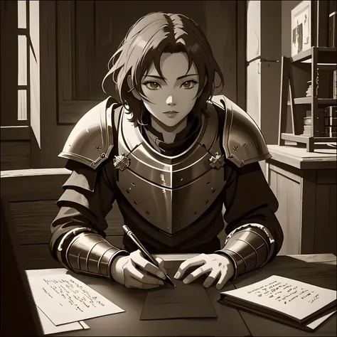 the several knight poets,medieval athmospere,anime style,writing,sepia, DSLR, 8k uhd, hdr, ultra-detailed, high quality, high contrast, high resolution, masterpiece, best quality,