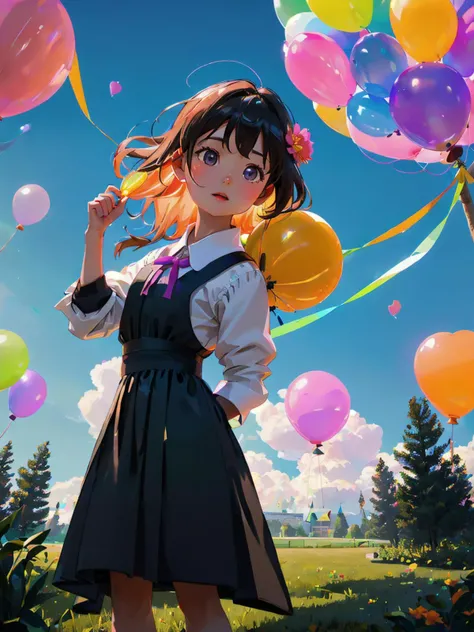 a girl holds a bouquet of elongated balloons of different colors,on a long string,against the sky,light wind,tree crowns,park