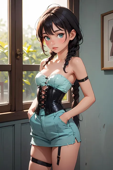 (masterpiece, best quality), 1girl, Dandelion Dutch Side Braid with Messy Finish, tiny breasts, Aqua Strapless corset top with lace-up details in the back. and Linen button-front skirt, thigh strap, Standing with hands in pockets, looking casual.