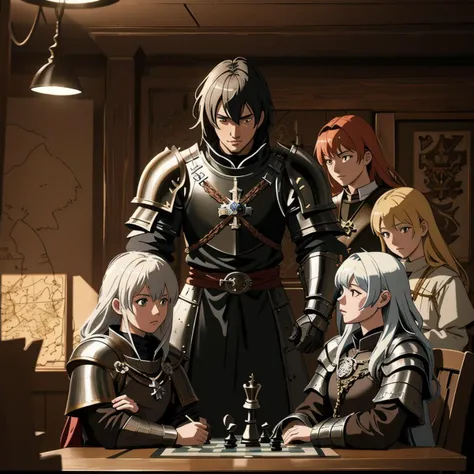anime style, medieval atmosphere, several knights stands around a tactical map on the table, chess pieces, cinematic film still of <lora:perfection style:0.9>, DSLR, 8k uhd, hdr, ultra-detailed, high quality, high contrast, DSLR, 8k uhd, hdr, ultra-detailed, high quality, high contrast, high resolution, masterpiece, best quality,