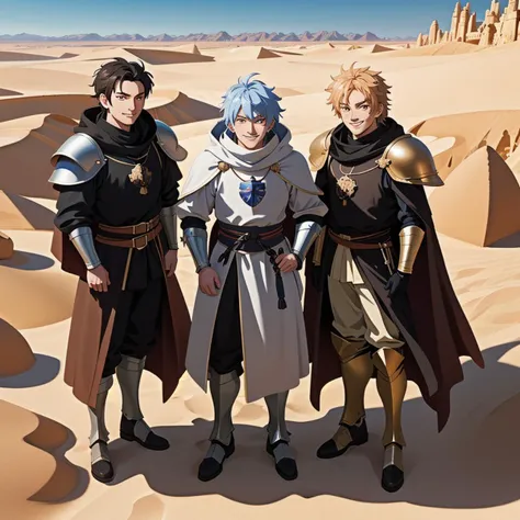 the three knights,medieval athmospere,anime style,pale colors,sand,desert,smile,