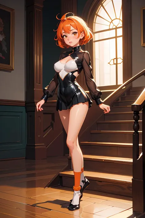(masterpiece, best quality), 1girl, Blanched almond Messy Side Swept Hair with Taper Fade, Sizes I to L breasts, Fiery Orange Sheer mesh long-sleeve bodysuit with a high-cut leg. and Pleated metallic mini skirt with a shiny finish, loose socks, Standing with one foot on a step, looking ahead.