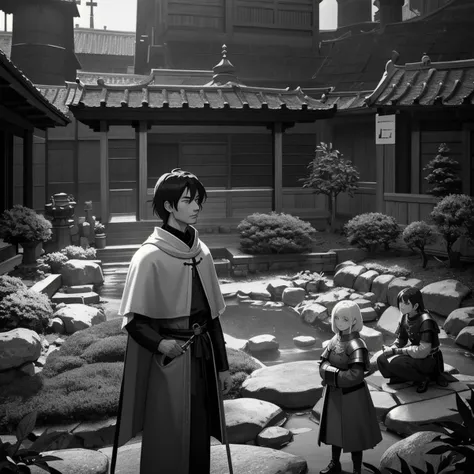 anime style, medieval atmosphere, several knights stands around the Zen garden, cinematic film still of <lora:perfection style:0.9>, DSLR, 8k uhd, hdr, ultra-detailed, high quality, high contrast, DSLR, 8k uhd, hdr, ultra-detailed, high quality, high contrast, high resolution, masterpiece, best quality,