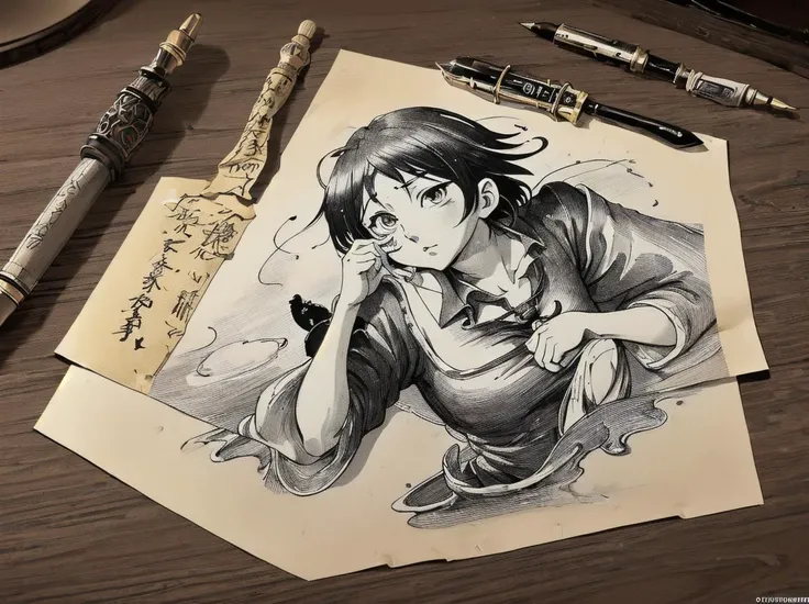 anime style, an ancient parchment with text on the table, an inkwell with a pen, view from top, DSLR, 8k uhd, hdr, ultra-detailed, high quality, high contrast, high resolution, masterpiece, best quality,