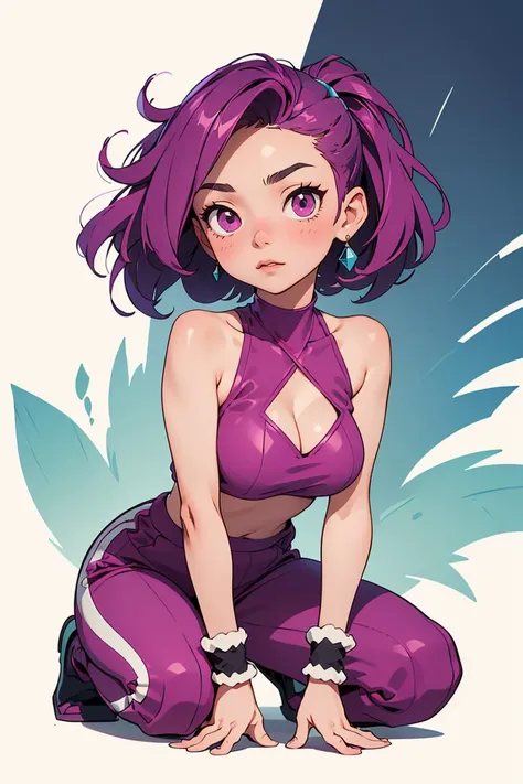 (masterpiece, best quality), 1girl, Cornflower blue Faded Comb-Over with Line Up, Sizes M to Z breasts, Magenta Metallic top and High-waisted wide-leg trousers, leg warmers, Crouching with arms wrapped around the knees.