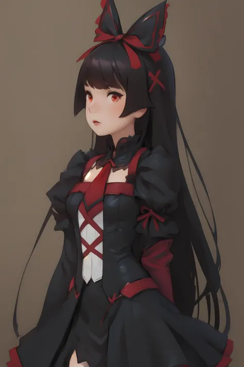score_9, score_8, score_7, solo, 1girl, rory mercury, long hair, black hair, red eyes, bangs, blunt bangs, hime cut, thighhighs, bow, ribbon, hair ribbon, garter straps, dress, black dress, puffy sleeves, frills, detached sleeves, necktie, red necktie, lipstick, purple lipstick, s-curve pose, hand on hip, half turn, look away, from side, (red eyes:1.5), <lora:pony\char\anime\rory-mercury-s1s2-ponyxl-lora-nochekaiser.safetensors>, <lora:styles\Akihiko_Yoshida_Chibi_clip_skip-000017.safetensors>, <checkpoint:[Pony] prefectPonyXL_v10.safetensors>, <checkpoint:[SD15] anihelloy2d_v21.safetensors>