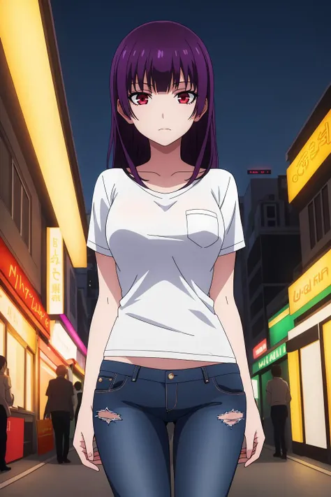 ((best quality)),((highly detailed)),masterpiece,absurdres,detailed face,beautiful face,(detailed eyes, deep eyes),1girl,((dynamic pose))  <lora:YuukoV1:0.7>Yuuko, purple hair, solo, long hair, red eyes, hime cut,  blunt bangs,  breasts, medium breasts,  walking, at night, t-shirt, (eyes looking away from the viewer:1.3, looking away from viewer:1.3), ripped jeans, hands in pocket, nighttime, city streets, neon signs, crowd behind,