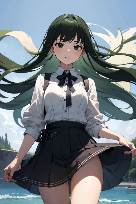 masterpiece,high quality,highres,1girl,solo,cowboy shot,upwind, (black eyes , green hair ),long hair,,,,<lora:wind-upwind-v2-wasabiya:1>,,