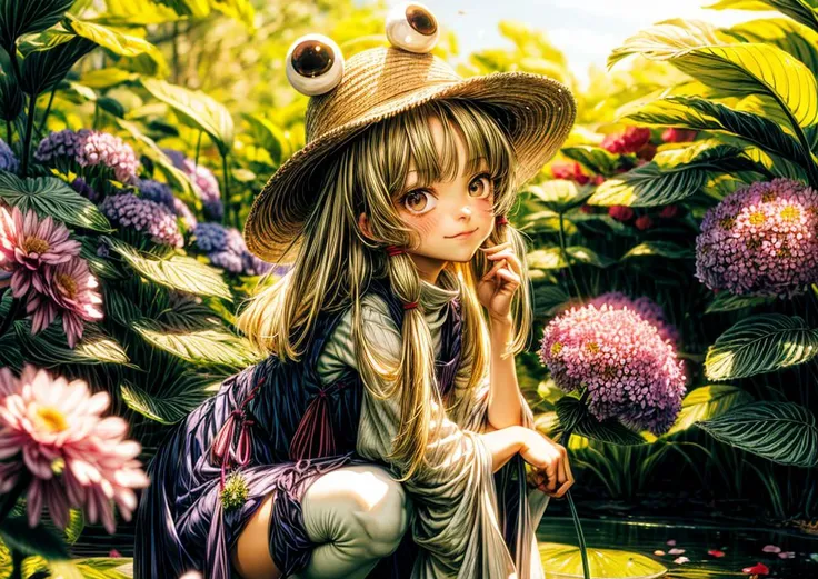 masterpiece, best quality, <lora:suwako:1>,1girl, moriya suwako, hydrangea, blonde hair, flower, thighhighs, solo, yellow eyes, ribbon, hat, hair ribbon, purple skirt, torii, red ribbon, frog, white thighhighs, skirt, smile, long sleeves, vest, wide sleeves, looking at viewer, outdoors, bangs, brown headwear, sitting, pink flower, blush, purple vest, tress ribbon, shirt, lily pad, animal, white shirt, sunlight, long hair, blue flower, purple flower, water, day, closed mouth, medium hair, light rays, sidelocks, petals, knees up, skirt set, parted bangs, sunbeam, head rest, turtleneck, squatting, leaf, nature, tree<lora:WarmLight:1><lora:FujifilmFujichromeProvia400X:1>