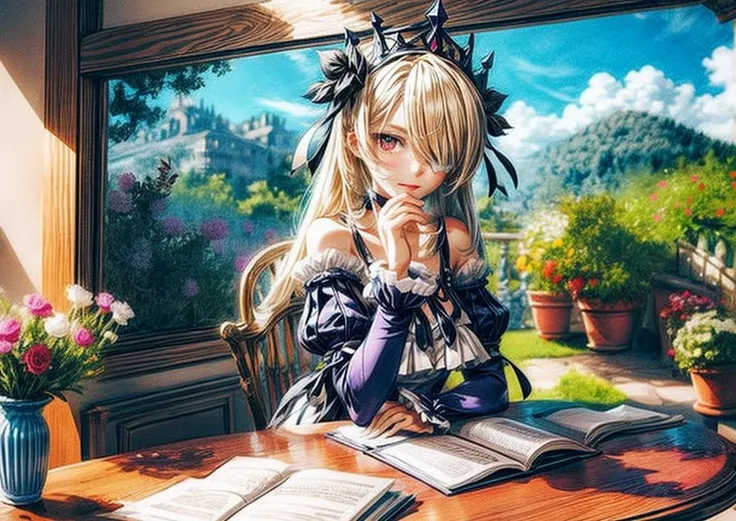 masterpiece, best quality, extremely detailed, (1girl, solo), (pov across table), table, <lora:povAcrossTable_v008Beta:1>, fischl (ein immernachtstraum) (genshin impact), red eyes, white pupils, alternate eye color, fischl (genshin impact), detached collar, detached sleeves, official alternate costume, blonde hair, hair over one eye, tiara, dress, smile, long hair, thighhighs, bare shoulders, white thighhighs, long sleeves, looking at viewer, frills, ring, parted lips, purple dress, puffy sleeves, pantyhose, bangs, white pantyhose, single leg pantyhose, blush, juliet sleeves, breasts, hand up, eyepatch, ribbon, frilled sleeves, single thighhigh, jewelry,, long eyelashes, sharp eyes, beautiful eyes, detailed eyes, detailed hads, detailed background, bookshelves, papers, documents, mess, [cup of coffee], open window, garden, mountains, puffy clouds<lora:fischlGenshinImpact2in1_v10Locon:0.7> <lora:fischlGenshinImpact2in1_v10:0.2><lora:WarmLight:1><lora:FujifilmFujichromeProvia400X:1>