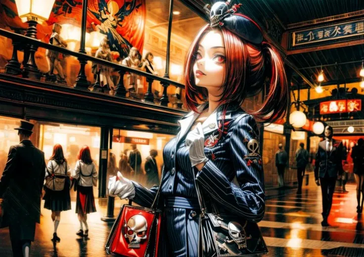 (masterpiece:1.2) (best quality) (cinematic lighting) (sharp focus),<lora:symphonyOfTheNight_v10:0.8>, SotnStyle, 1girl, solo, red hair, red eyes, twintails, employee uniform, pencil skirt, skull print, navy cap, fang, black legwear, white gloves, outdoors, train station, standing in front of bus, dark sky, red moon <lora:tourGuideFromThe_tguE6:1><lora:WarmLight:1><lora:FujifilmFujichromeProvia400X:1>