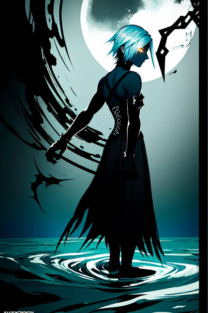 <lora:aqua_(kingdom_heart)_v1:0.7> bbaqua, short hair, white hair, yellow eyes, medium breasts, dark skin, bare shoulders, black shirt, harness, corset, elbow gloves, black gloves, black shorts, black thighhighs, dark water, wading, moon, night sky, looking back, <lora:Kingdom_Hearts_creatures_v1.1:1> kingdom hearts, heartless kh, nobody kh, unversed kh, dream eater kh, spirit kh, nightmare kh, shadowform kh, cloaked kh, armoured kh, bodysuit kh, illustration, grainy, 3d, vector art, cover art, illustration, monochrome, greyscale, vector art, color banding,, absurdres, ultra detailed, masterpiece, best quality, aesthetic, detailed,