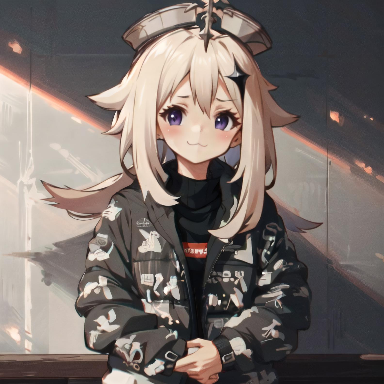 Anime girl with long hair and a black jacket standing in front of a ...