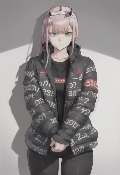 drip jacket,((white background)), shirt, jacket, closed mouth, open clothes, black pants, pants, cow boy shot, 1girl, black shirt, looking at viewer, open jacket, solo, own hands togethet,<lora:drip_jacket:0.7>
<lora:zerotwo:1> , zerotwo, hairband, horns,red horns  badass.