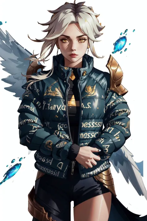 (masterpiece, best quality),  intricate details, 8k, artstation, wallpaper, official art, splash art, sharp focus,
1girl,   <lora:Kayle:0.8> kayle \(league of legends\), 
 <lora:drip_jacket:0.8> drip jacket,