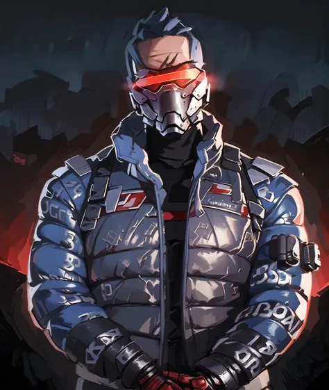 masterpiece, best quality, 1guy, 1boy, soldier76, soldier 76, glowing visor, mask, <lora:Soldier 76:0.8>, drip jacket, <lora:Drip Jacket:1.1>,