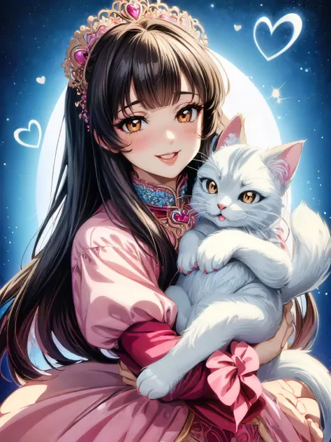 pretty woman hugging her cute playful cat, happy smile, looking at viewer, eye contact, heart-shaped particles, outdoors, best quality, masterpiece, intricate fine details, elaborate, high resolution, detailed line art, vintage anime, negative space, vibrant,