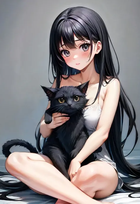 pretty girl with her cute cat, minimalist art, best quality