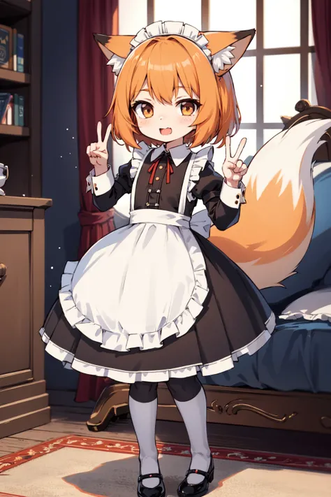 1girl, maid dress, indoors, straight-on, full body, fox girl, orange hair, peace sign