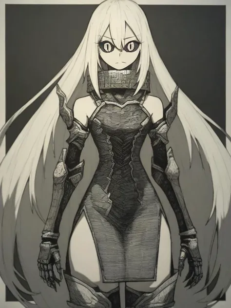 <lora:Epeulu-PonyXL-1024px:0.9>
score_5_up,
1girl, solo, standing, wearing (dress, elbow gloves, gauntlets, metal collar, thigh boots), side_slit, very long hair, cowboy shot, black_sclera, slit pupils