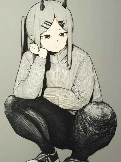 <lora:Epeulu-PonyXL-1024px:0.9>
score_5_up,
1girl, solo, squatting, ponytail, horns, hair ornament, pants, long hair, shoes, hairclip, sidelocks, shirt, bangs, simple background, eyebrows visible through hair, sneakers, grey background, long sleeves, sweater, parted bangs, black pants, head rest, closed mouth