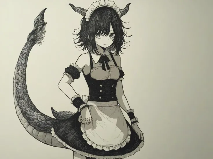 <lora:Epeulu-PonyXL-1024px:0.9>
score_5_up,
1girl, solo, standing, wearing (maid outfit, maid headdress, detached cuffs), bare shoulders, dragon tail, dragon horns, medium hair, messy hair
