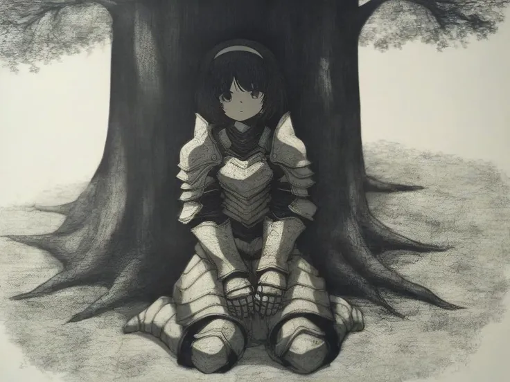 <lora:Epeulu-PonyXL-1024px:0.9>
score_5_up,
1girl, solo, sitting under a tree, kneeling, wearing oversized armor, short hair, hairband, outdoors, sunny