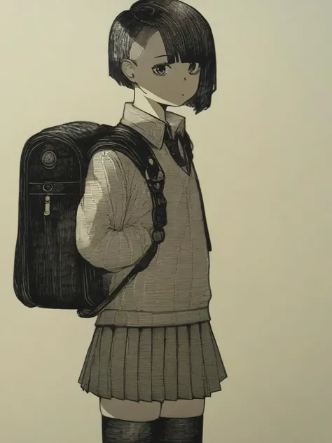 <lora:Epeulu-PonyXL-1024px:1>
score_5_up,
1girl, solo, standing, wearing (school uniform, short tie, pleated skirt, thighhighs, backpack), two_side_up, short hair, bobcut