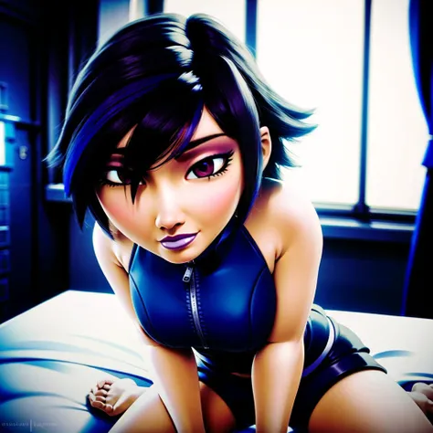 <lora:Gogo Tomago:1:0.7> Gogo Tomago a girl with a black jacket and purple hair, (full body) ,(masterpiece, best quality), 8k,masterpiece, beautiful detailed eyes, ultra realistic details, sharp focus, looking at viewer, detailed skin,on back, (a young girl, solo) , detailed beautiful face, detailed perfect skin), (beautiful detailed eyes), extremely detailed, high res, best quality, 1girl, bare shoulders, best quality, jewelry, bedroom, looking at viewer, solo, bokeh, professional light, detailed skin, medium breasts