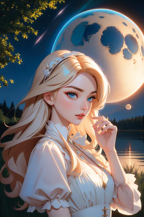 tv_Aisling_MXAI, (stylized by Gil Elvgren:1.1) , masterwork cubist interpretation of, surreal, extreme wide shot of a Awful Conceptual Peach and Gray Mennonite ([Extragalactic planet|Forest]:1.3) , it is in a Neo-Tokyo setting, it is anthropomorphic with a face, grass and River stone background, lush lake and nature, Stars in the sky, Wide view, Cosy, Pre-raphaelitism, Light and shadow plays, F/14, Lomography, triadic, dreamy magical atmosphere, HDR, High quality, celestial, fantastic, flora