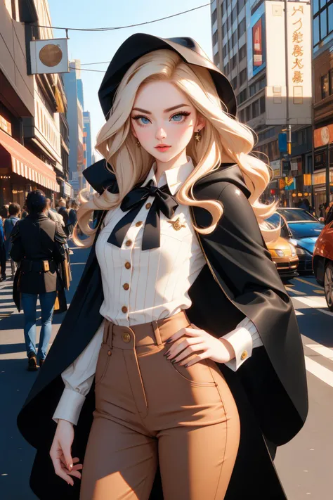 tv_Aisling_MXAI, attractive Digital painting, elegant, soft focus of a Tenebrism [Kindhearted:Beautiful:9] ([Newt|Armored vehicle]:1.3) Harajuku Girl, dressed in a very 1940'S [Fringe top:Skinny jeans and button-down shirt:9], The Khaki pants and striped shirt also has a flowing hooded cloak, Meditation pose, background is [Fierce:Injured:13] city, crowded city street and Proxima Centauri in background, at Sunrise, Wide view, Cel shaded, Depressing, Normcore Art, Starlight, F/1.8, Polychromatic, Bronze mist, dripping Cream and deep purple, lots of details, Unsplash