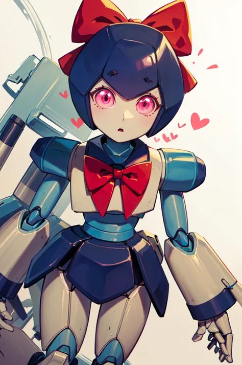 <lora:Brass_Medabots:1> brass_medabots, hair bow, red bowtie, (no mouth, humanoid robot:1.3),, ultra detailed, masterpiece, best quality, aesthetic, detailed,