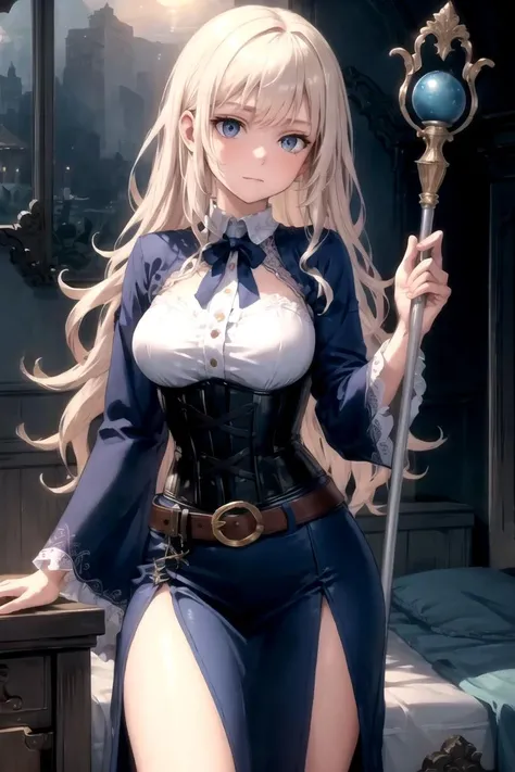 Ultra Detailed, 50mm, official art, unity 8k wallpaper, ultra detailed, aesthetic, masterpiece, best quality, photorealistic, 1girl, luocha, blonde hair, long hair, white coat, black shirt, white pants, blue ascot, blue armband, blue vest, narrow waist, dynamic pose, dynamic angle, ((big breasts) 1:1) , ((blue-eyes))