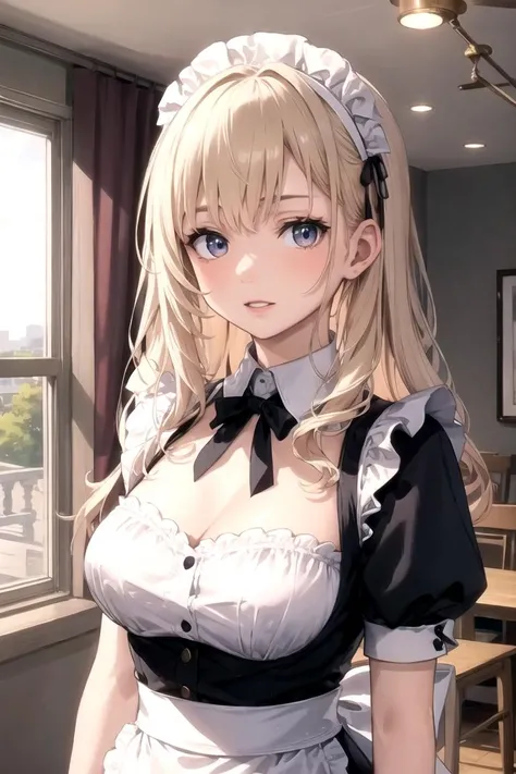 ((highest quality、High resolution、8K、masterpiece:1.3))、dynamic angle、wallpaper、1 girl、unparalleled beauty、ultimate beauty、super detailed face、delicate eyes、smile shyly、sexy look、looking at the camera、Depth of bounds written、light particles、side light、long hair、blonde、(maid、maid服)、(Lifting the skirt with both hands)、((Her skirt is flipped up and her pussy is exposed.、She shyly lifts up her skirt and shows her pussy.))、(Love juice dripping from the pussy)、(I'm tempting)、Open chest、big breasts、cleavage、Thighhighs、thighs、slim、slender、Old castle at night