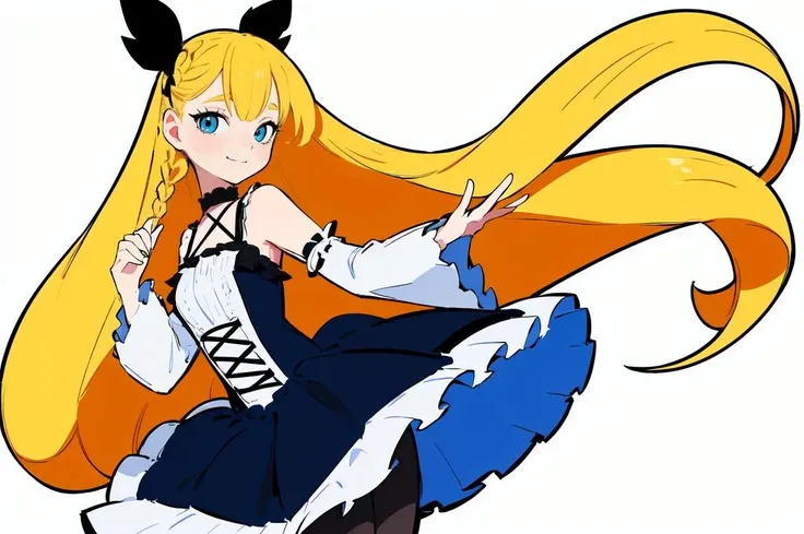 ultra detailed, masterpiece, best quality, solo, soft smile, light smile,
1girl, blue eyes, very long hair, blonde hair, long blonde hair, french braid, bangs, medium breasts,
hair ribbon, frilled choker, criss-cross halter, sleeveless dress, high-waist skirt, backless dress, waist bow, detached sleeves, frilled sleeves, wide sleeves, pantyhose, patterned legwear, mary janes, <lora:CuteColorful:0.75> kawaii, flat colors, thick outline,
