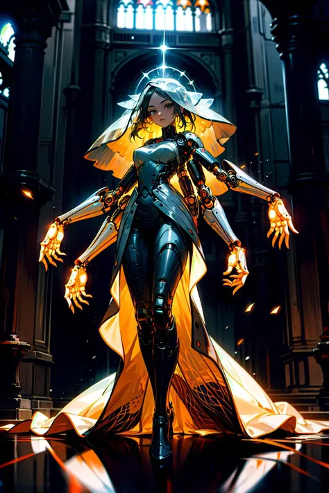 (masterpiece:1.4), (intricate:1.2), (detailed:1.2), (vibrant colors:1.2), BREAK, (gothic:1.2), (god rays:1.2), (full body:1.2), BREAK, (1girl:1.2), (solo:1.4),(white wedding gown:1.4), (white frills:1.2), (white veil:1.0), (black mechanical arms:1.1), <lora:powerarm:0.8>, BREAK, (gothic cathedral:1.2), (stained glass:1.0), <lora:ExtraArms:1> Extra robotic arms