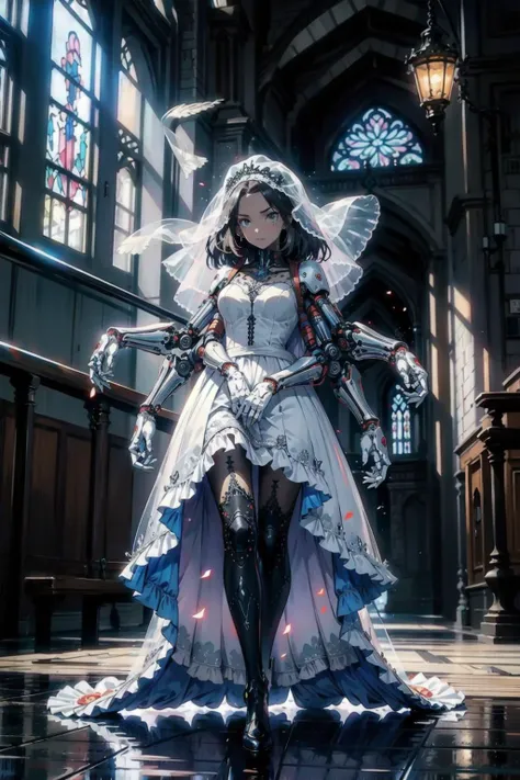 (masterpiece:1.4), (intricate:1.2), (detailed:1.2), (vibrant colors:1.2), BREAK, (gothic:1.2), (god rays:1.2), (full body:1.2), BREAK, (1girl:1.2), (solo:1.4),(white wedding gown:1.4), (white frills:1.2), (white veil:1.0), (black mechanical arms:1.1), <lora:powerarm:0.8>, BREAK, (gothic cathedral:1.2), (stained glass:1.0), <lora:ExtraArms:1> Extra robotic arms
