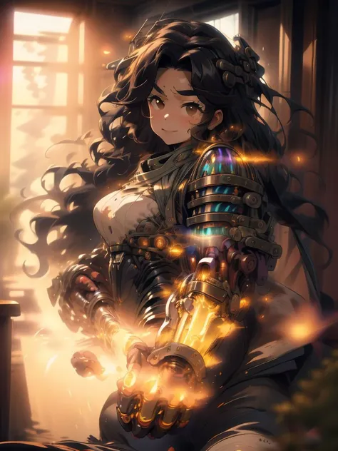 <lora:ETO_OC:0.8> ETO-OC, (masterpiece:1.4), high quality, detailed face, anime, best quality, detailed hands, detailed eyes, animation, illustration, highly detailed, perfect eyes, perfect face, thick, plump, curvy, chubby, (black hair:1.4), 1girl, <lora:plump-strong:1>, <lora:curly_hair_slider_v11:1.5>, <lora:perfetfingers:1>, <lora:hyperdenoiser_v090:0.6>, <lora:hyperrefiner_v090:0.6>, (looking at viewer:1.4), (gentle smile), (round chin:1.5), fat face, <lora:powerarm:1> powerarm, glowing, arm glowing, (mechanical arm:1.4), (digital), <lora:BokehMecha:1>,