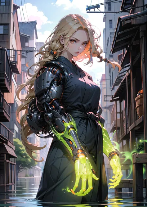 (1girl, blonde hair absurdly long hair dreadlocks, orange eyes, , envy) (digital) (in detailed lake, (mechanical arms, hakama, glowing)) , best quality, <lora:boldline:0.2>  <lora:hairdetailer:0.2>  powerarm, <lora:powerarm:1>