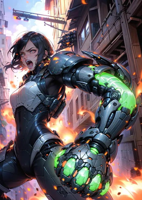 (1girl, streaked hair very short hair short twintails, glowing eyes, , screaming) (digital) (in detailed wooden bridge, (mechanical arms, battlesuit, glowing)) , best quality, <lora:boldline:0.2> <lora:hairdetailer:0.2> powerarm, <lora:powerarm:1>