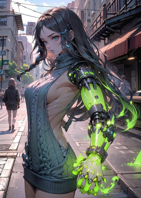 (1girl, streaked hair absurdly long hair twin braids, cyan eyes, , crazy) (digital) (in detailed street, (mechanical arms, virgin killer sweater,  <lora:CenterOpenningVirginKillerSweater:1>, glowing)) , best quality, <lora:boldline:0.2>  <lora:hairdetailer:0.2>  mechanical arms, glowing, powerarm, <lora:powerarm:1>