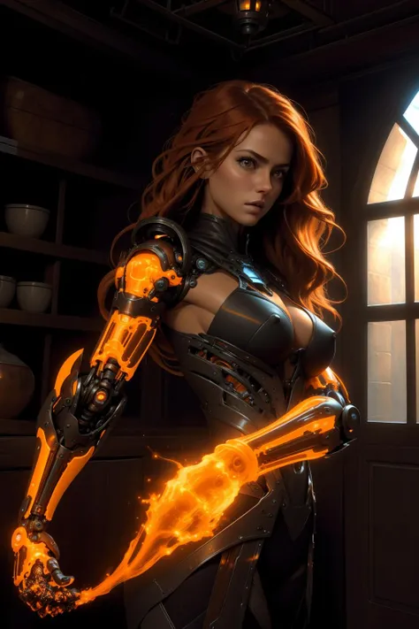 a photo of astringy [temptress|siren], mechanical arms, powerarm, glowing, <lora:powerarm:1>, hdr,attractive, perfect face, pretty face, dark brown eyes, orange hair, big hair, small , lush detail, absurdres,