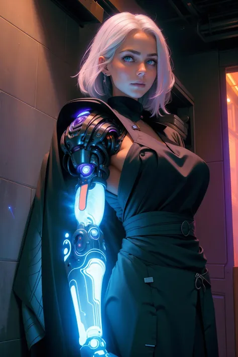 raw photo, wallpaper, studio photo, a portrait of a beautiful chef, leaning against a wall, enchantress, mechanical arms, glowing, powerarm, <lora:powerarm:1>, elegant, coquettish, purple eyes, white hair, intricate background, on a starship,