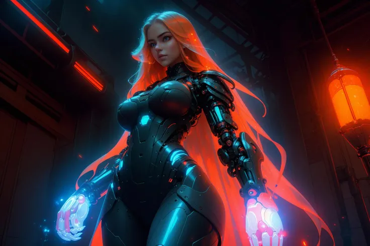a photo of a beautiful woman, standing, babe, mechanical arms, glowing, <lora:powerarm:1>, intricate, volumetric lighting, edge lighting, neon, dishy, ruby eyes, hime cut, , from below, ethereal background,